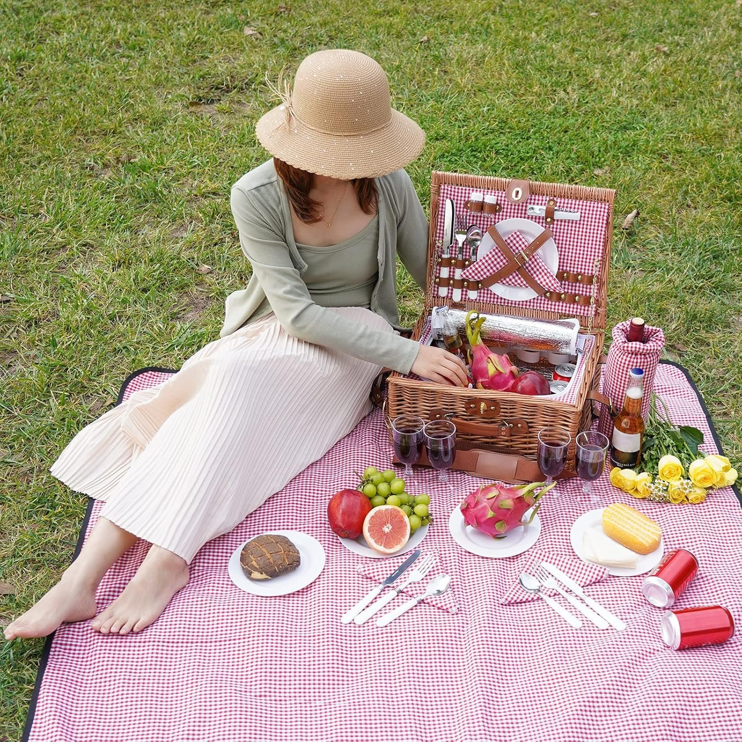 Picnic Basket for 4, Insulated Willow Picnic Baskets with Shoulder Strap, Picnic Hamper with Waterproof Picnic Blanket, Handmade Wicker Hamper for Outdoor, Great Gifts for Thanksgiving, Christmas - Image 5