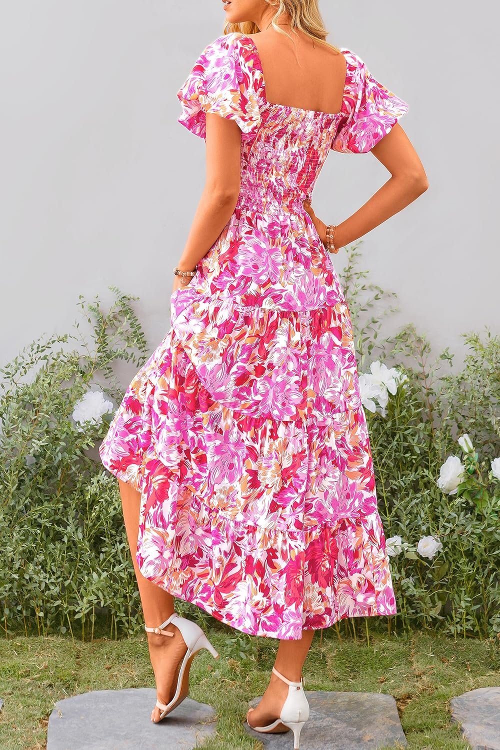 PRETTYGARDEN Women's Casual Summer Midi Dress Puffy Short Sleeve Square Neck Smocked Tiered Ruffle Dresses - Image 2