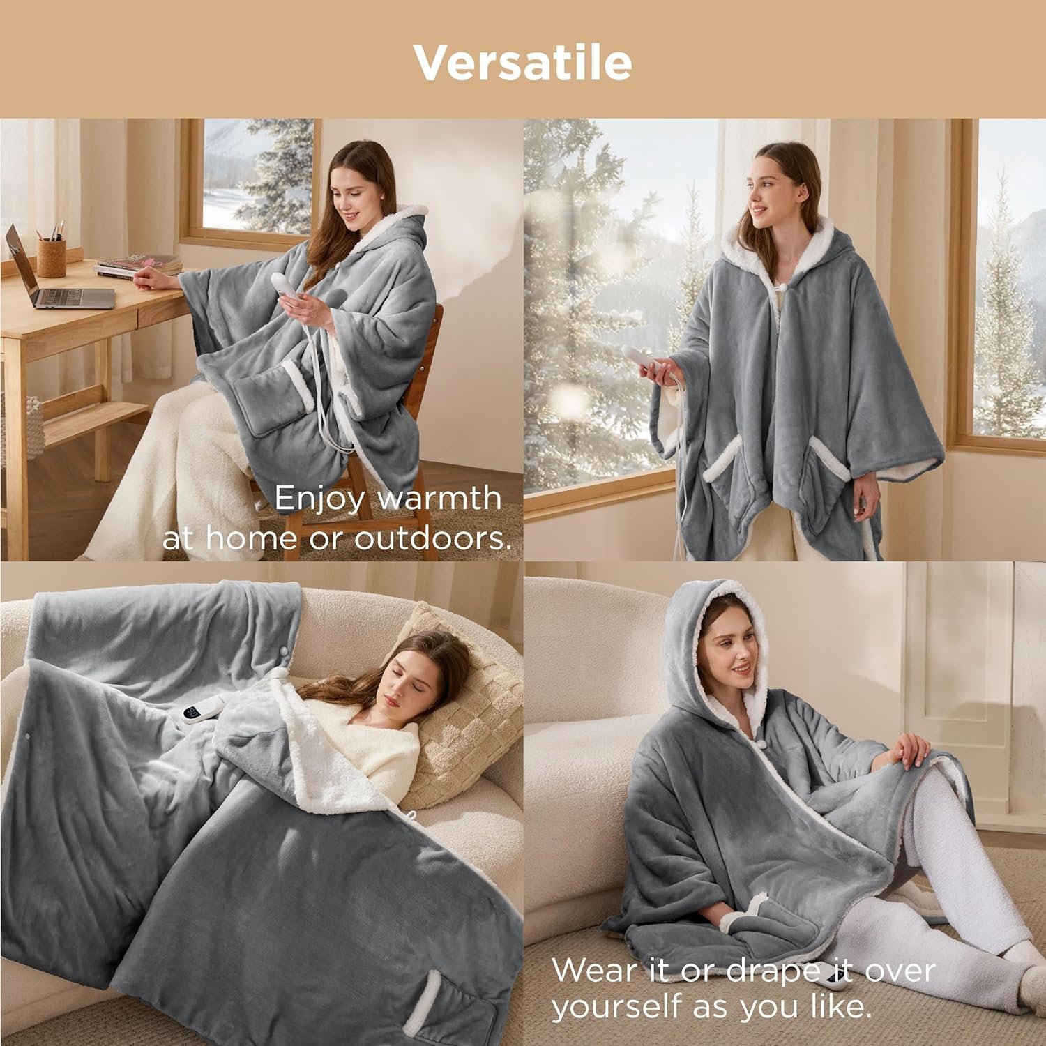 Bedsure Heated Blanket Wearable Shawl - Electric Wrap Poncho Blanket Hoodie for Adult, Birthday Gifts for Mom Women, Sherpa Heating Throw with 4 Time Settings & 6 Heat Settings, 55x64 inches, Grey - Image 8
