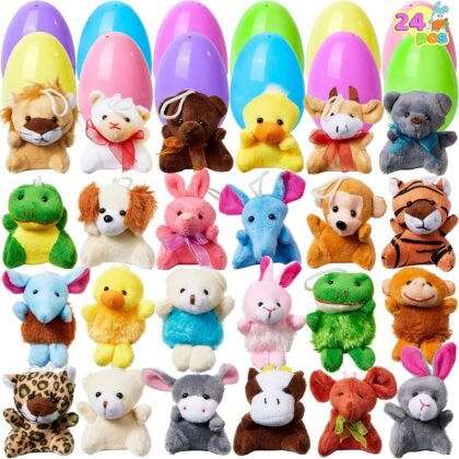 JOYIN 24 Pack Prefilled Easter Eggs of Mini Stuffed Animal Plush Toys Baster Stuffer Filler for Kids Easter Egg Hunt Game, Classroom Prize Supplies