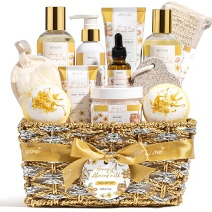 Mothers Day Birthday Gifts for Women, Honey & Almond Milk Relaxing Spa Gift Baskets for Women Self Care Package Bath Gift Set, Home Bath and Body Kit Pamper Gifts for Womens Her Mom Friends Sister