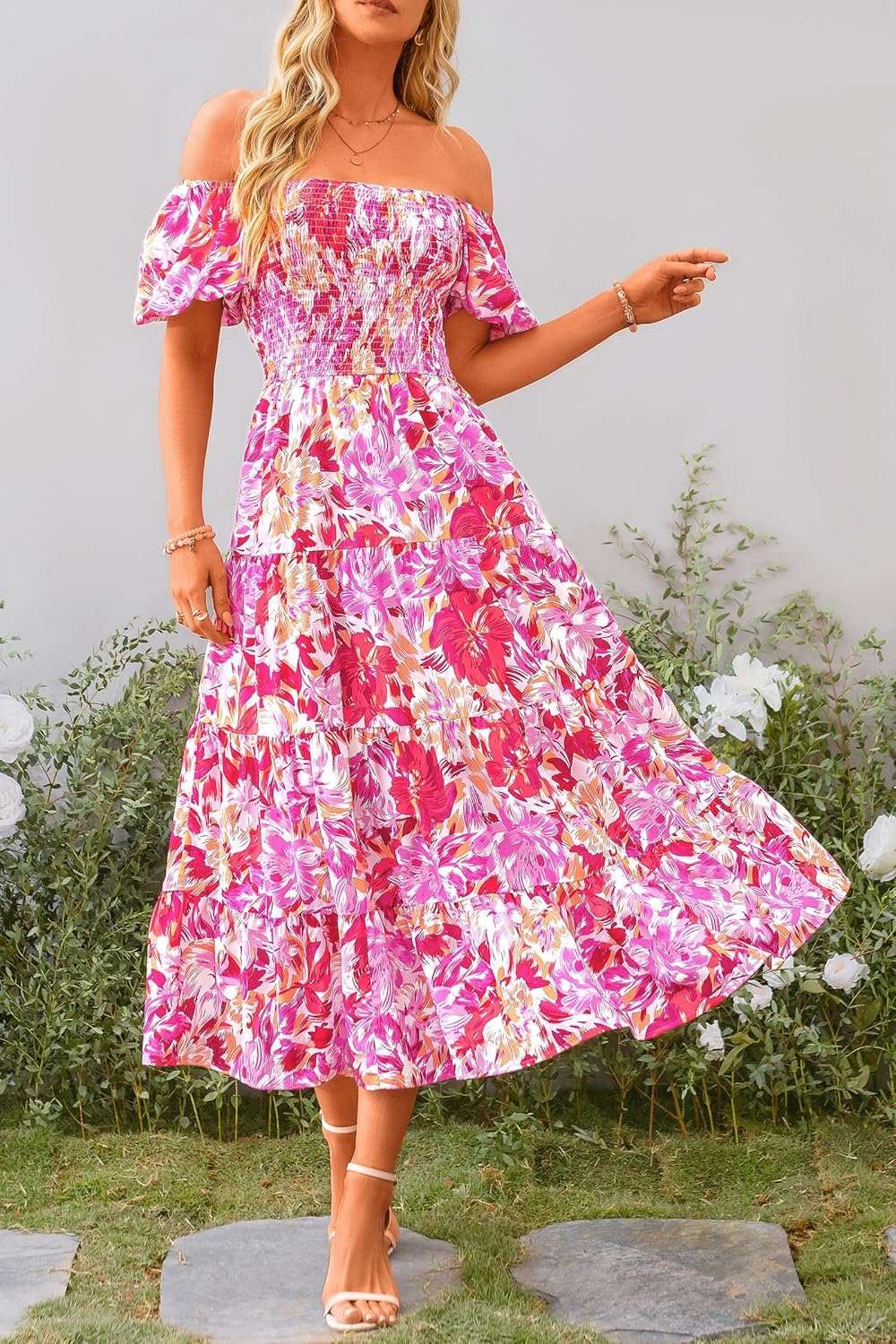 PRETTYGARDEN Women's Casual Summer Midi Dress Puffy Short Sleeve Square Neck Smocked Tiered Ruffle Dresses - Image 7