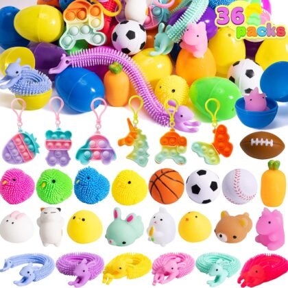 JOYIN 36 PCS Prefilled Easter Eggs with Stress Relief Toys, Easter Toys for Egg Hunt, Basket Stuffers, Party Favors Supplies, Classroom Prize Supplies