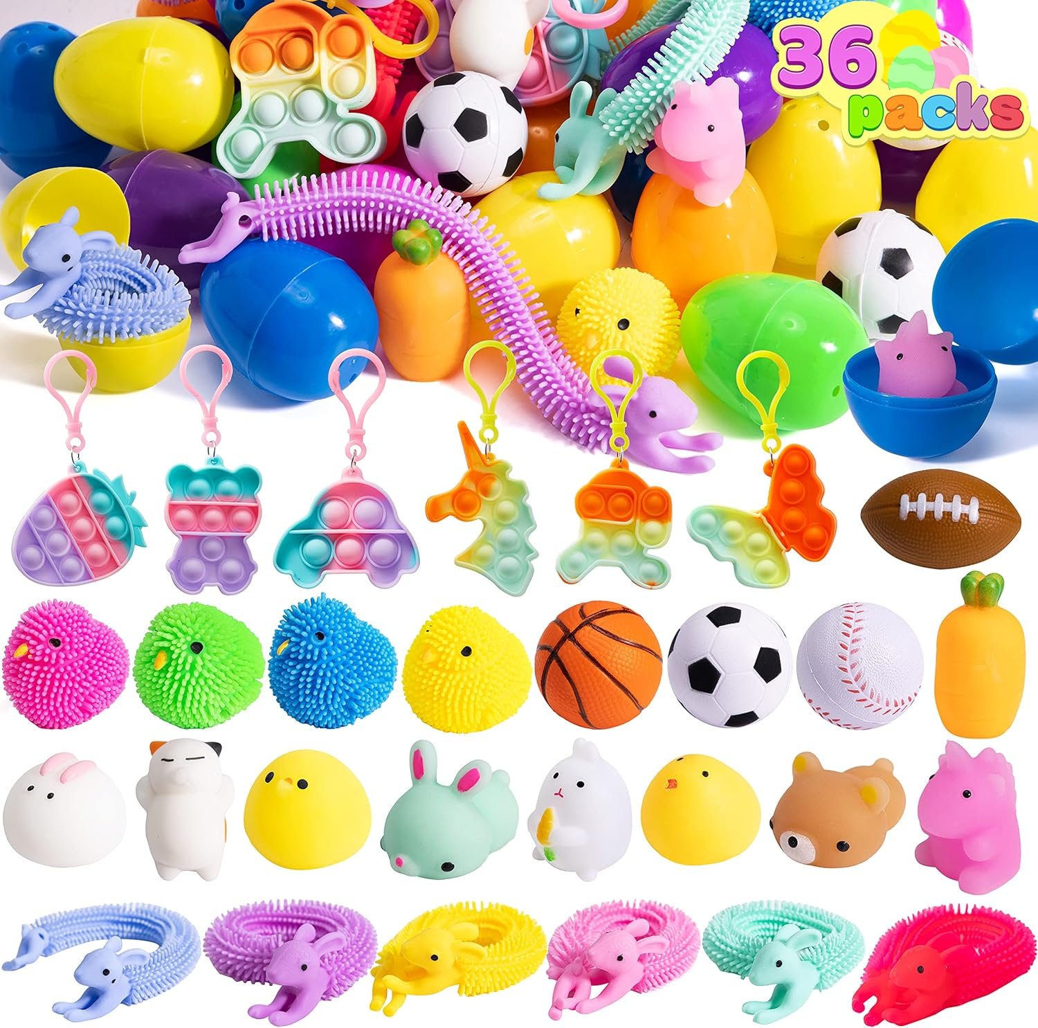 JOYIN 36 PCS Prefilled Easter Eggs with Stress Relief Toys, Easter Toys for Egg Hunt, Basket Stuffers, Party Favors Supplies, Classroom Prize Supplies