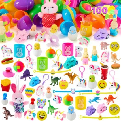 JOYIN 100 Pcs Prefilled Easter Eggs with Toys Plus Stickers, Filled with Toys Party Favors for Kids Boys Girls Easter Eggs Hunt, Basket Stuffers Fillers, Classroom Prize Supplies