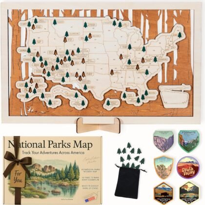 National Parks Map – USA Travel Tracker with Checklist, Pins & Stickers – Adventure Gift for Park Lovers, Couples & Families, Bucket List Wall Art Decor