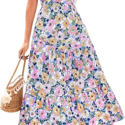 PRETTYGARDEN Women's 2026 Summer Floral Midi Dress Cap Sleeve V Neck Ruffle Long Flowy Boho Casual Beach Vacation Dresses