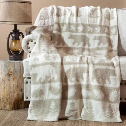 Carstens, Inc. Luxury Soft Stretchy Reversible Plush Throw Blanket, Large 50" x 60", Rustic Beige Bear Stripe