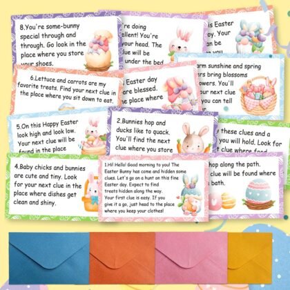 Easter Scavenger Hunt Games, 16 PCS Bunny Treasure Clue Cards with Colorful Envelopes for Family, Easter Treats Game for Spring Party Decorations Supplies