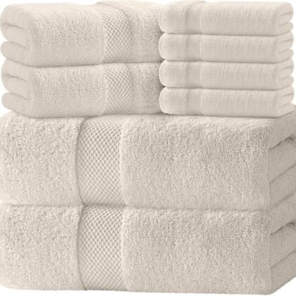 White Classic Luxury Bath Towel Set of 8 Pieces - 100% Turkish Cotton Highly Absorbent Towels for Bathroom, 2 Luxury Bath Towels 700GSM, 2 Hand Towels, 4 Washcloths, Ivory