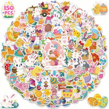 LINAYE 150 PCS Easter Stickers Vinyl Waterproof Non-Repeating Adhesive Easter Stickers Bulk for Kids Water Bottle Party Favors Crafts & Gifts for Boys Girls Teens Adults