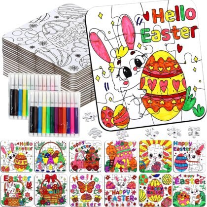 24 Pcs Easter Crafts Puzzle for Kids Ages 4-8, Easter Activities Arts DIY Jigsaw with Egg Bunny Basket Flower, Spring April Craft for Party Favors Gifts Christian Classroom Coloring Games Toy Bulk