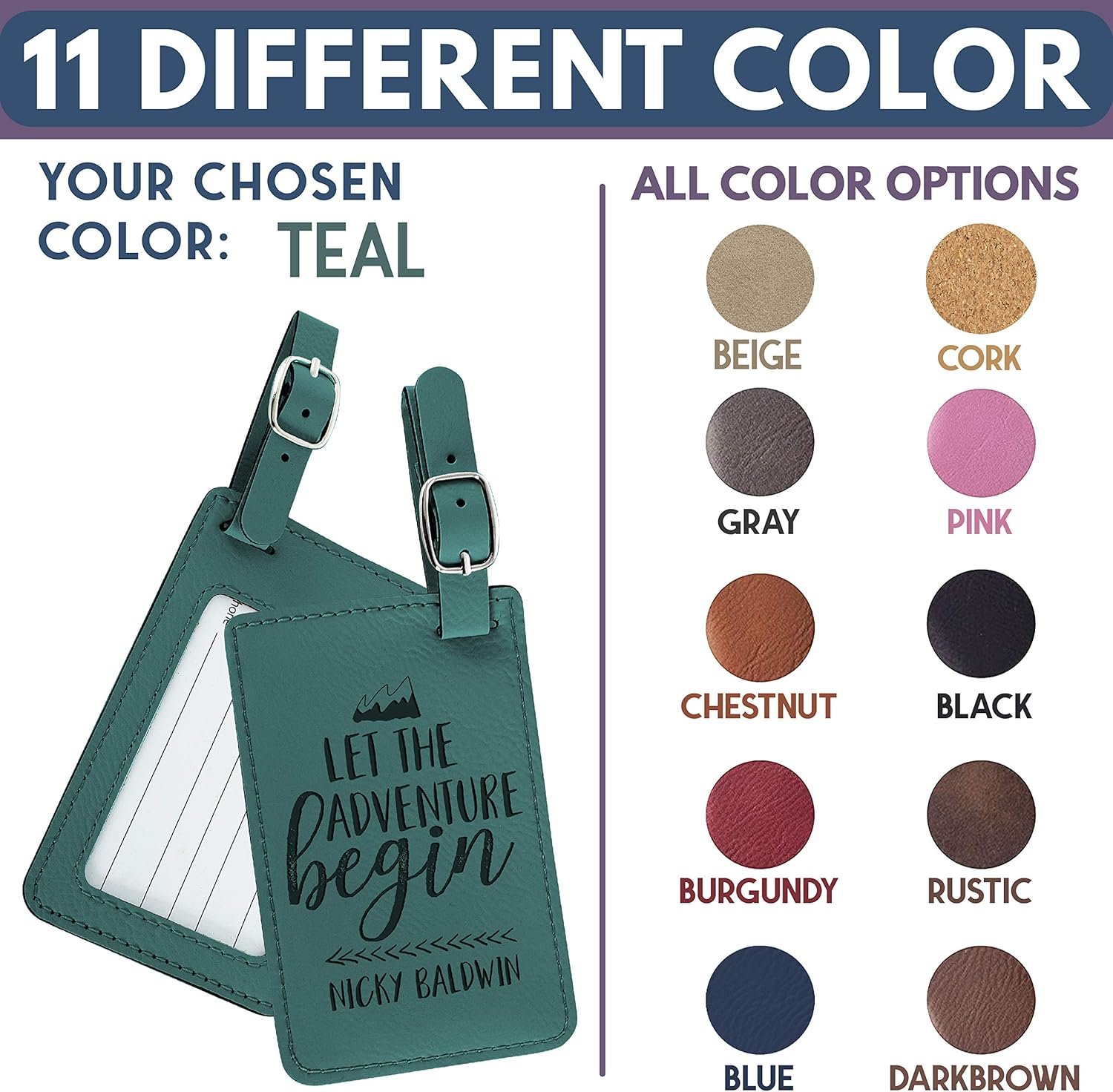Personalized Luggage Tags with Strap + Name ID Card, 9 Colors, Leatherette Cruise Ship Accessories for Honeymoon, Gifts for Travelers, Custom Luggage Tag - Teal - Image 4