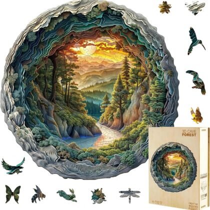 Wooden Puzzles, 3D Cave Forest Puzzle 300 Pieces, Unique Animal Shaped Wood Challenging Jigsaw Puzzles Ideal for Adults, Premium Wood Gift Box 13.4x13.3in