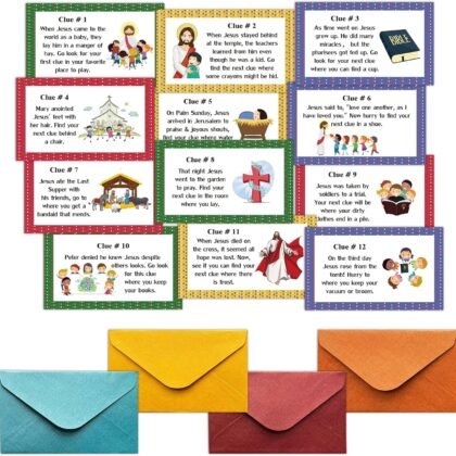 Rainfly Religious Scavenger Hunt, Indoor Clue Card Games, Christian Treasure Hunt Clues Cards, Sunday Holy Week Easter Party Supplies For Family Adults (12 Clues Cards With Envelopes) -A03
