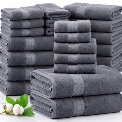 LANE LINEN 100% Cotton Bath Towels Set - 24 PCs - Durable, Quick Dry, Super Soft & Highly Absorbent - 4 Bath, 4 Fingertip, 6 Hand Towels, 8 Washcloths, 2 Bath Sheets - Perfect Family Set - Cool Grey