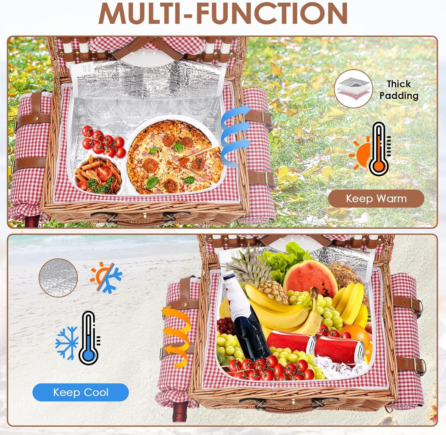 Picnic Basket for 4, Insulated Willow Picnic Baskets with Shoulder Strap, Picnic Hamper with Waterproof Picnic Blanket, Handmade Wicker Hamper for Outdoor, Great Gifts for Thanksgiving, Christmas - Image 9