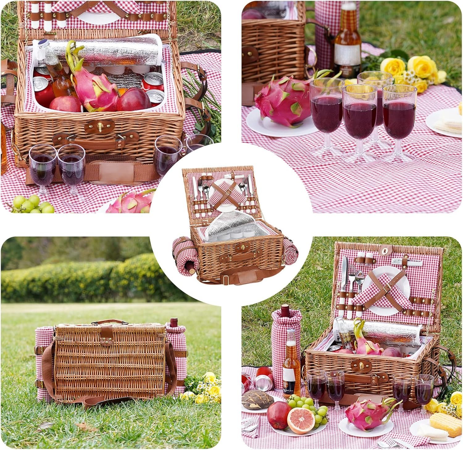 Picnic Basket for 4, Insulated Willow Picnic Baskets with Shoulder Strap, Picnic Hamper with Waterproof Picnic Blanket, Handmade Wicker Hamper for Outdoor, Great Gifts for Thanksgiving, Christmas - Image 2