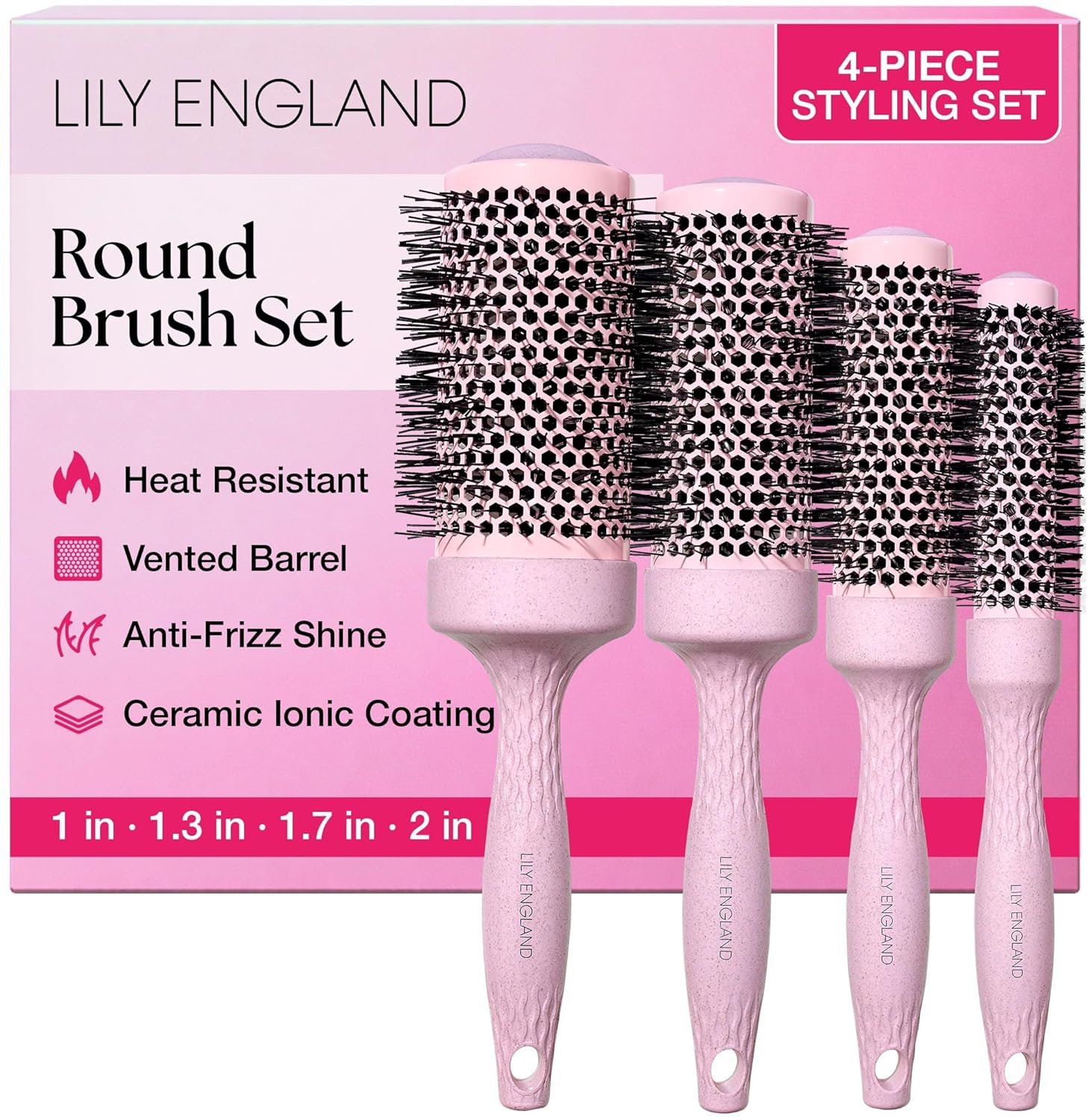 Lily England Round Blow Dry Brush Set for Women - Perfect for Voluminous Blowouts - Ceramic Ionic Technology - Luxury Gift for Her (Pink)