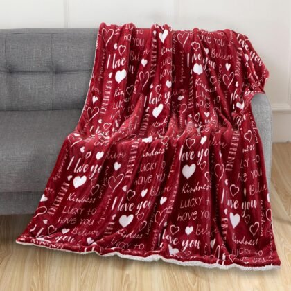 Elegant Comfort Valentine's Day Sherpa Fleece Throw Blanket for Couch - Soft and Warm Sherpa Backing Reversible Red Hearts Flannel Blanket Valentines Decor, 50 x 60 inches, Love You Red