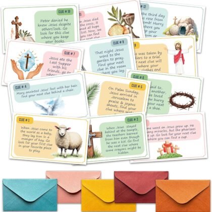 Easter Treasure Hunt Clue Game, Religious Games Jesus Scavenger Hunt Cards, Indoor Outdoor Christian Holiday Party Supplies, 12 Cards with Colorful Envelopes, 01