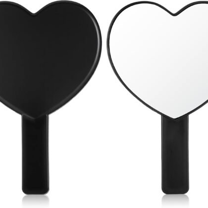 Cute Hand held Mirrors, Heart-Shaped Travel Handheld Mirror, Cosmetic Hand Mirror, Portable Travel Vanity Mirrors, Decorative Mini Heart Cosmetic Lash-Mirror for Men and Women,Black