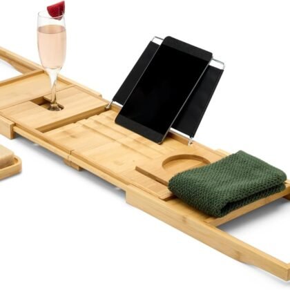 Amazon Basics Expandable Bamboo Bathtub Tray Caddy, 29.5-43 in, Spa Bath Organizer
