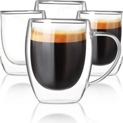 FrutPunch Double Walled Glass Coffee Mugs, Glass Coffee Mugs Set Of 4, Glass Coffee Cups with Handles, 12OZ, Suitable for Cappuccino, Latte, Espresso, Hot Drinks, Cold Drinks (4)