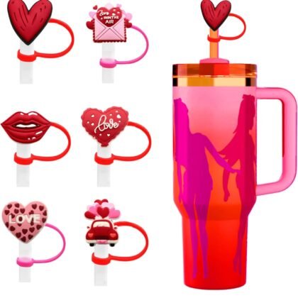Valentine's Day Straw Toppers 6Pcs Silicone Straw Covers Compatible with Stanley 30&40 Oz Tumbler, Lip Heart Car Valentines Design Straw Lids Cute 10mm 0.4in Valentines Day Party Cup Decorations
