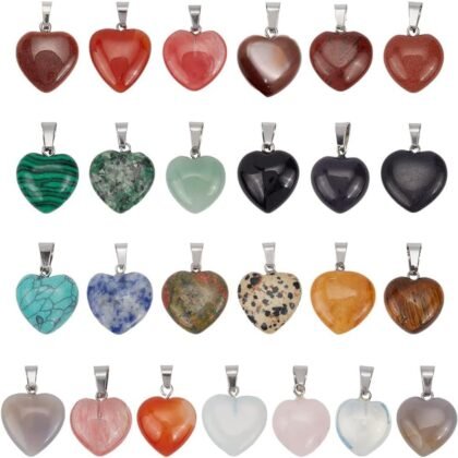 PH PandaHall 25pcs Heart Stone Charms, Crystal Chakra Stone Pendant Love Heart Shape Quartz Gemstone Charms Pendants for Valentine's Day Mother Wedding Birthday Necklace Jewelry Making Keychain