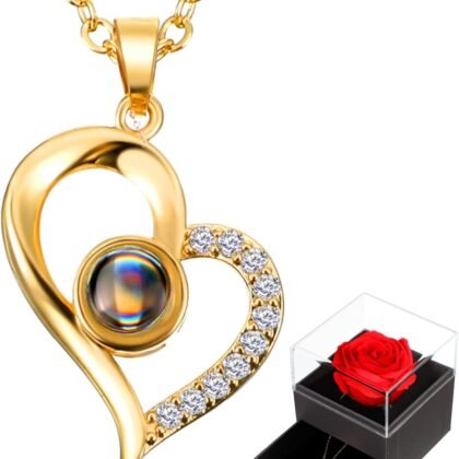Hicarer Mother's Day Necklace Gift for Girlfriend Women I Love You in 100 Languages Projection Necklace Heart Pendant with Preserved Red Rose Flower in Box for Mom Mama Wife on Anniversary