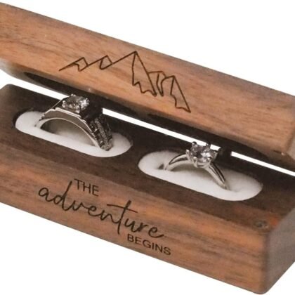Engraved Flip Wooden 2 Ring box for wedding -Rustic Vintage Solid Wood rectangle Jewelry Storage Box