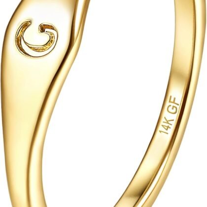 Florideco 14K Gold Filled Ring Initial Ring Dainty Simple Letter Band Rings Signet Stackable Pinky Alphabet Thin Thumb Rings for Women Non Tarnish Size 6 7 8 9 10