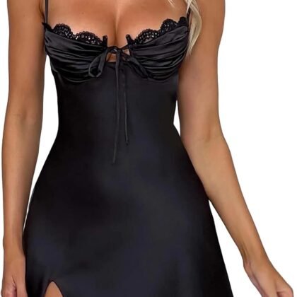 Women Lace Satin Mini Slip Dress Y2k Spaghetti Strap Low Cut Cami Split Short Dress Party Clubwear