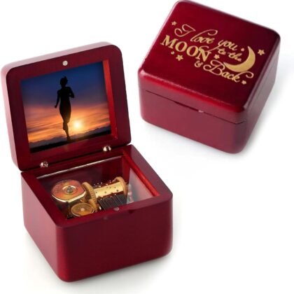 Natural Solid Wood Laser Engraved Vintage Clockwork Music Box Mini Photo Frame Musical Box Mother's Day Children's Day Valentine's Day Christmas Birthday Gift（Melody：Fly me to The Moon-Type1