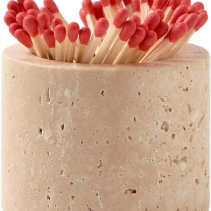 Luxury Natural Light Beige Travertine Marble Match Holder with Striker – 2.5" x 2" Decorative Matchbox for Bathroom Candles & Fireplace, Cute Match Jar for Home Decor Gift (Matches Not Included)