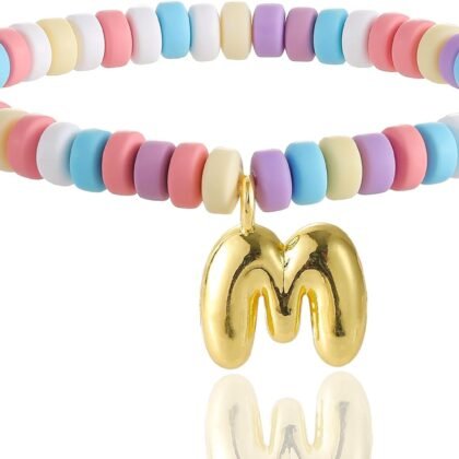 CCINPPY Colorful Beaded Initial Bracelets for Women Trendy, Cute Stretch Gold Letter Charm Bracelets, Personalized Jewelry Gift