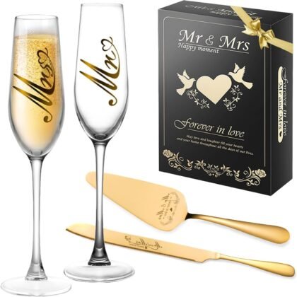 Mr and Mrs Champagne Flutes, Wedding Cake Knife and Server Set, Bride and Groom Champagne Glasses, Cake Cutting Set for Wedding, Bridal Shower Gifts, Engagement Gifts for Couples (Gold, Set of 4)