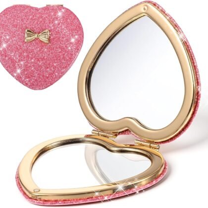 Pink Compact Mirror Cute Heart Shaped Compact Mirror Double-Sided 1X/2X Magnifying Glitter Mini Vanity Mirrors Magnetic Folding Purse Mirrors Compacts for Women Home Office Valentine's Day