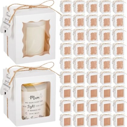 ReliThick 100 Set Candle Gift Box Transparent Gift Packaging Box for 4-10 oz Candles 50 Paper Thank You Tag Bundle Hemp Rope for Wedding Birthday Baby Shower Party Favor, 3.35x3.35x3.94 in(White)