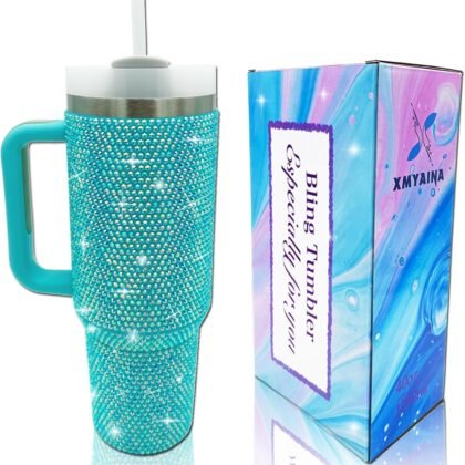 40oz Bling Tumbler with Handle and Straw Lid Rhinestone Studded Tumbler Cups Vacuum Insulated Stainless Steel Double Wall Water Bottle Travel Mug Gifts for Women Her (Blue)
