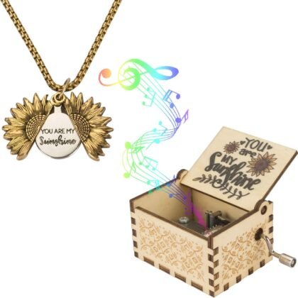 Music Box You are My Sunshine with Sunflower Necklace, Wooden Hand Cranked Musical Box and Engraved Message Locket Pendant Sunflower Gifts for Wife, Girlfriend, Mother，Christmas Present，Birthday