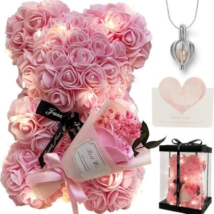 Romantic Valentines Day Gift for Her Rose Artificial Flower Rose Teddy Bear for Wife, Girlfriend Mother Daugther Women. Blind Box for Christmas Birthday Wedding Anniversary (Pink Bear)