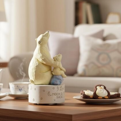 AIDLNS Polar Bear Musical Figurine Music Box, I Love You to the Moon and Back Family Keepsake, Hand-Painted Collectible Statue for Nursery Bedroom Living Room, Romantic Gift for Mom Wife Daughter