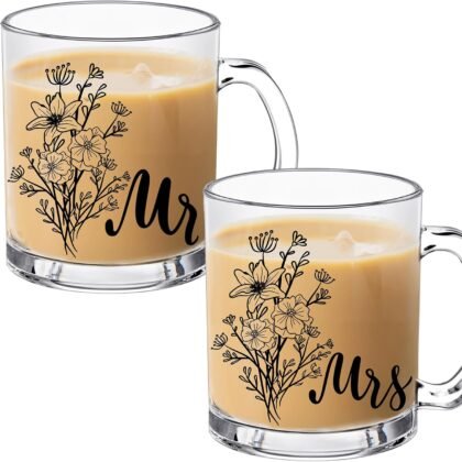 Blushtier 2 Pcs Mr and Mrs Couple Mug Set 12 oz Glass Coffee Mug Couples Gift Sets for Newlyweds Couples Mr and Mrs Couple Mug Gifts Set for Anniversary Wedding Engagement