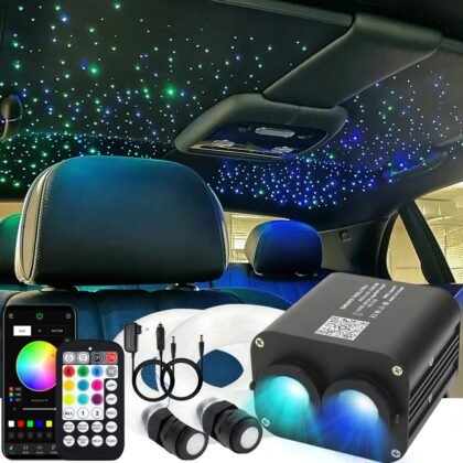 AZIMOM Dual Color 20W Twinkle Fiber Optic Starlight Kits 400pcs*0.03in*9.8ft Fiber Strands End Glow Sound Activated Remote APP Control RGBW Light Source Home Ceiling Car Headliner Décor