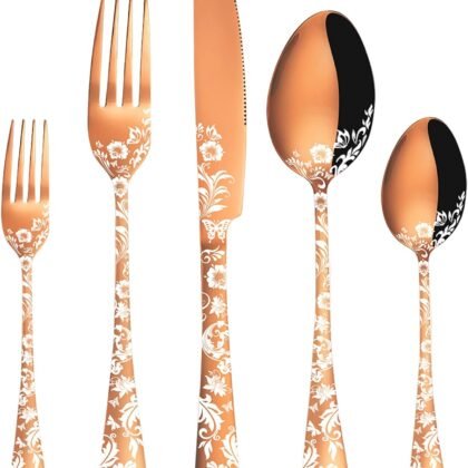 Vilihkc 20 piece Peony Flower Pattern Design Silverware Set, Stainless Steel Flatware Set Service for 4, Rose Gold Cutlery Set, Mirror Polished Utensil Set for Kitchen, Dishwasher Safe