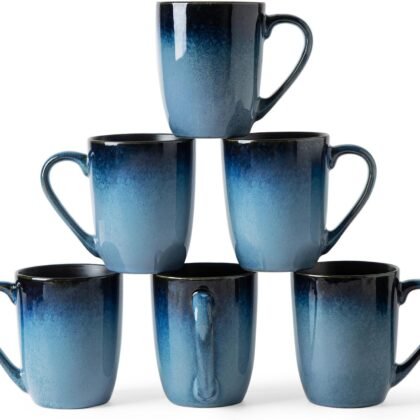 MONITO Large Ceramic Coffee Mugs Set with Handle for Tea/Latte/Cappuccino/Milk/Cocoa, Ice-Snow Blue 14oz, Set of 6, Funny Tea Cups for Office and Home
