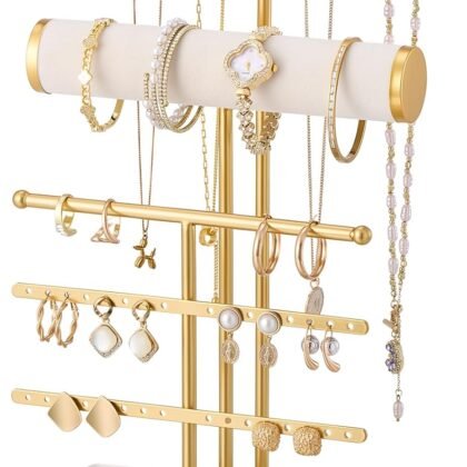 Lolalet Bracelet Display Stand Necklaces Holder, 5 Tiers Jewelry Organizer and Storage Rack with Velvet Slot and Metal Base, for Women Bangles Watches Ring Earrings -White