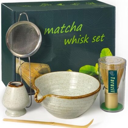 Taruzil Matcha Whisk Set with Matcha Bowl, Matcha Bamboo Whisk, Scoop, Sifter, Matcha Whisk Holder Unique Gifts for Women Mom Her Girl Friend Home Kitchen Decor Gifts for Christmas, Birthday